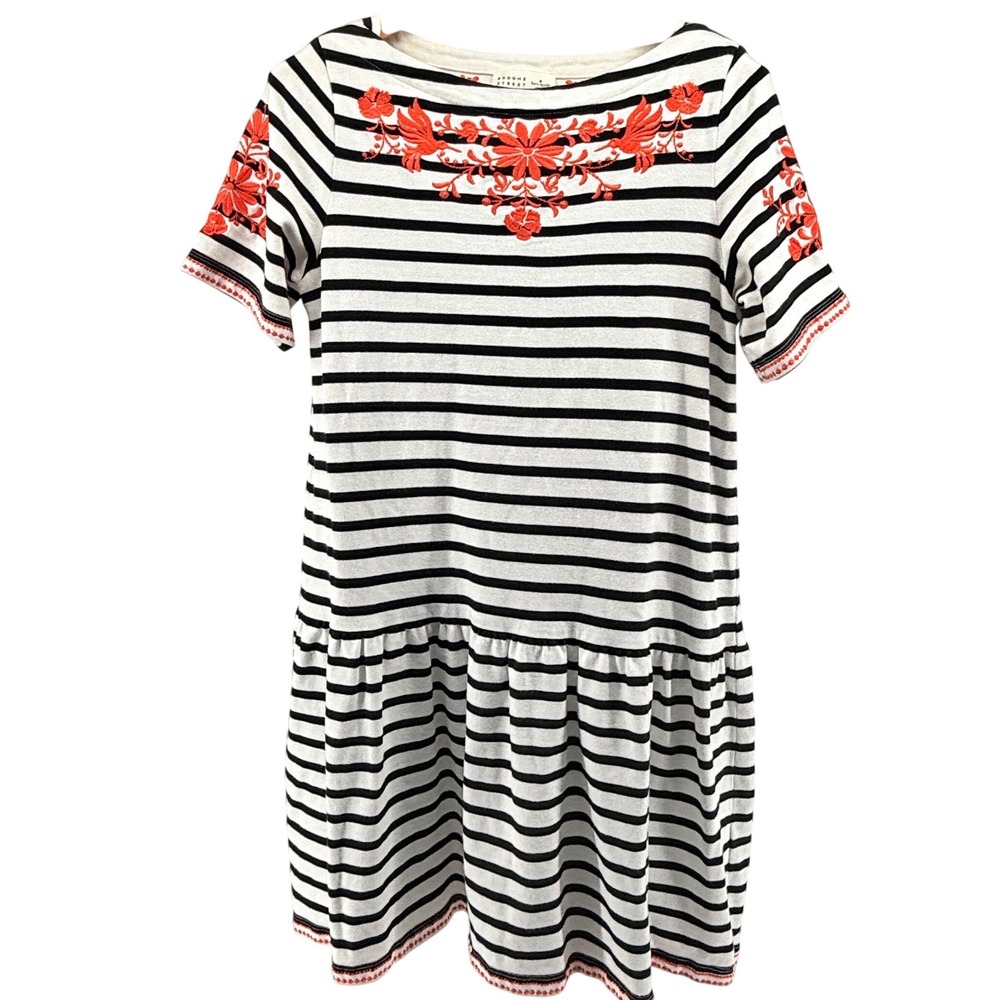 Kate Spade Broome Street Striped Embroidered Drop‎ Waist Dress Black White L